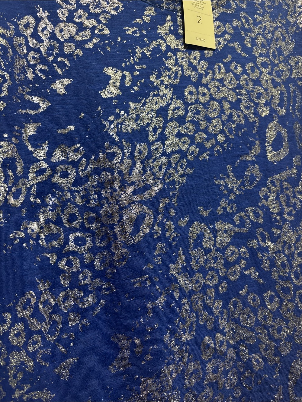 Chico's Cobalt Blue Metallic Animal-Print 3/4 Sleeve Top - Picture 3 of 7